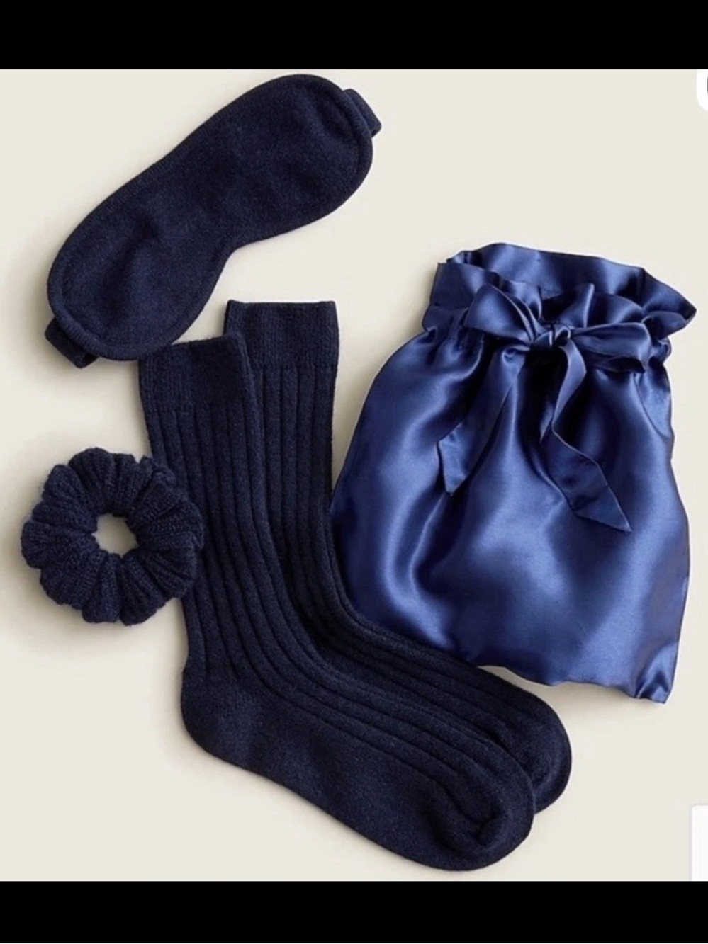 J.Crew NWT Box Cashmere Gift Set: Navy Socks, Hair Scrunchie, Sleep Mask, Pouch